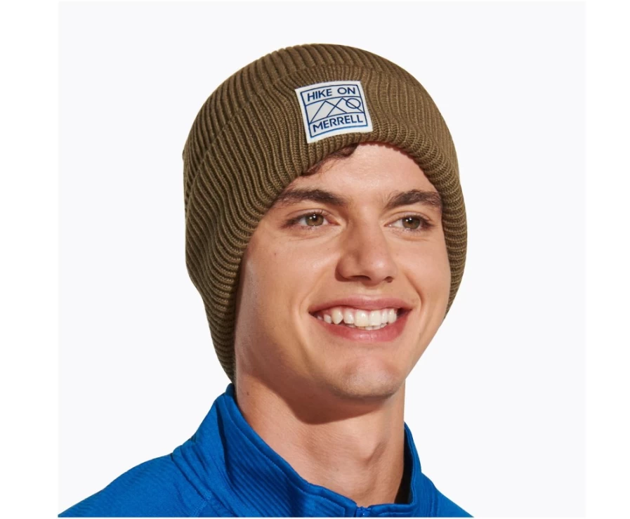 Merrell Martini Olive Hike On Patch Beanie - Warm Knit Hat for Outdoor Adventures