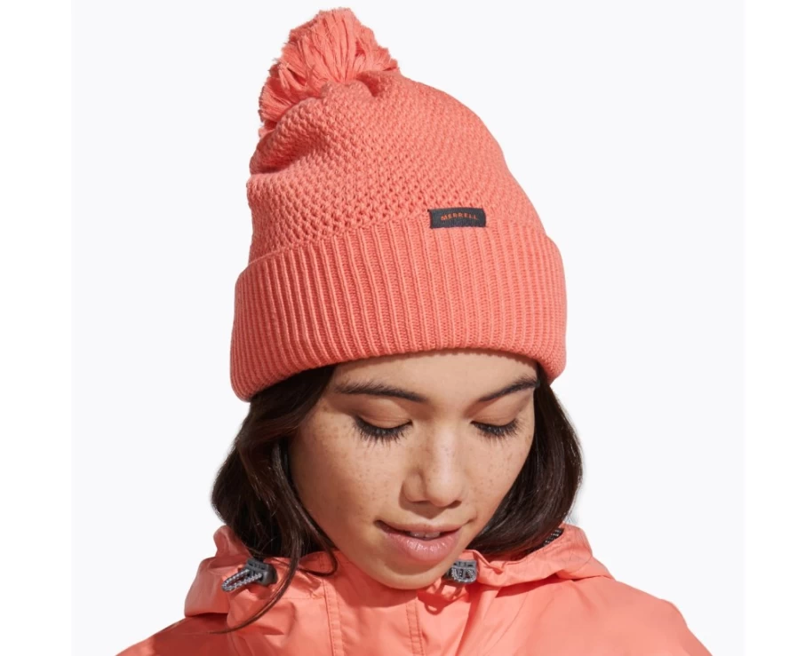 Merrell Waffle Bobble Beanie Knit Hat for Women & Men - Ash Rose Winter Warm Fleece Lined Hat